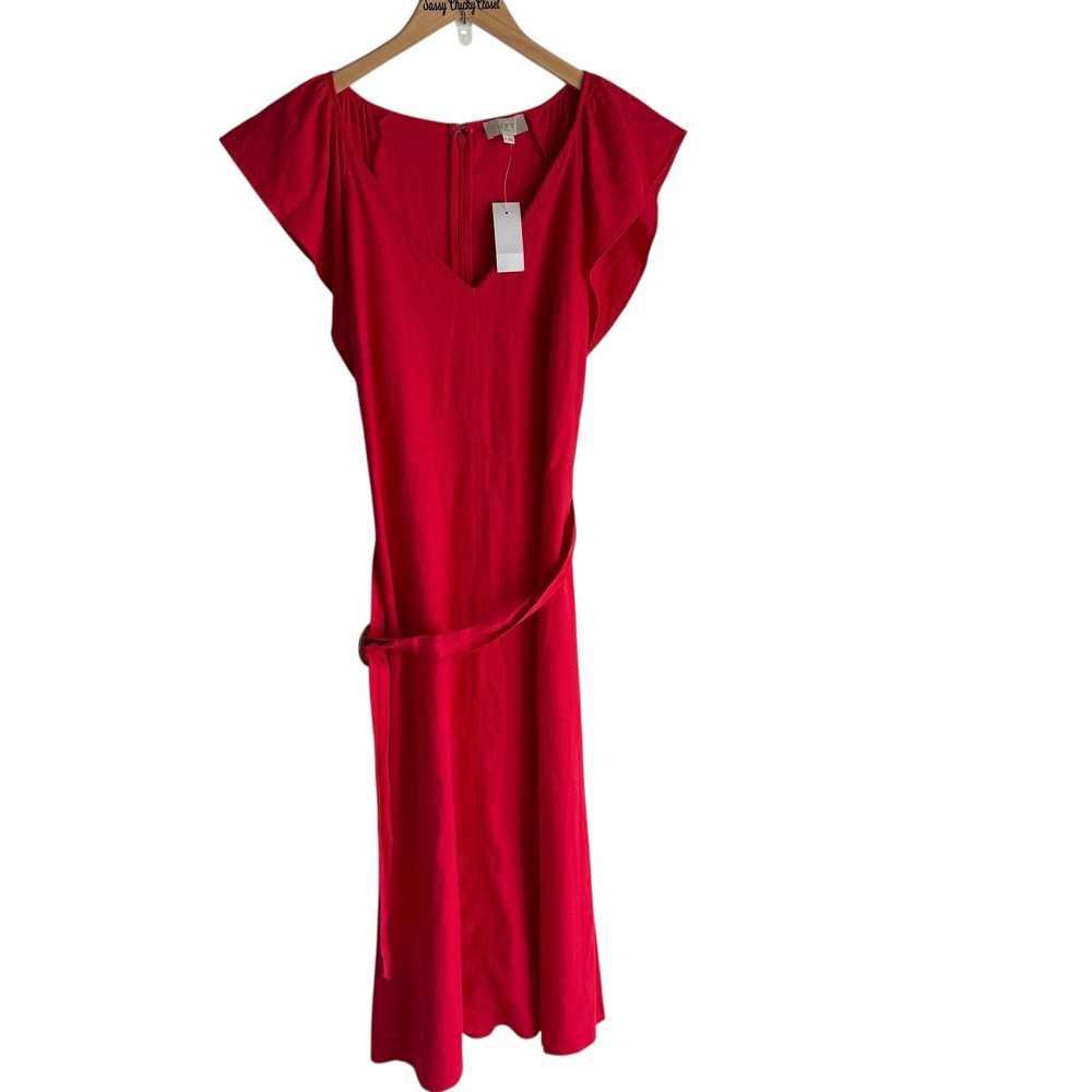 NWT LOFT OUTLET Coral Flutter Sleeve Linen Blendโ Ladies Belted Dress, 6